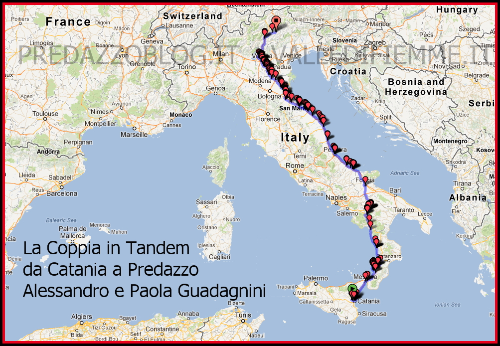 coppia in tandem cartina alessandro e paola guadagnini predazzo blog Pedalare in tandem da Catania a Predazzo, 1600 km con Paola e Alessandro Guadagnini