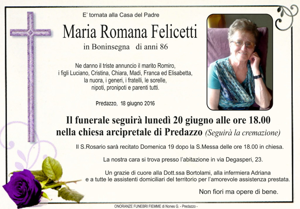maria romana felicetti 1024x714 Necrologio Maria Romana Felicetti